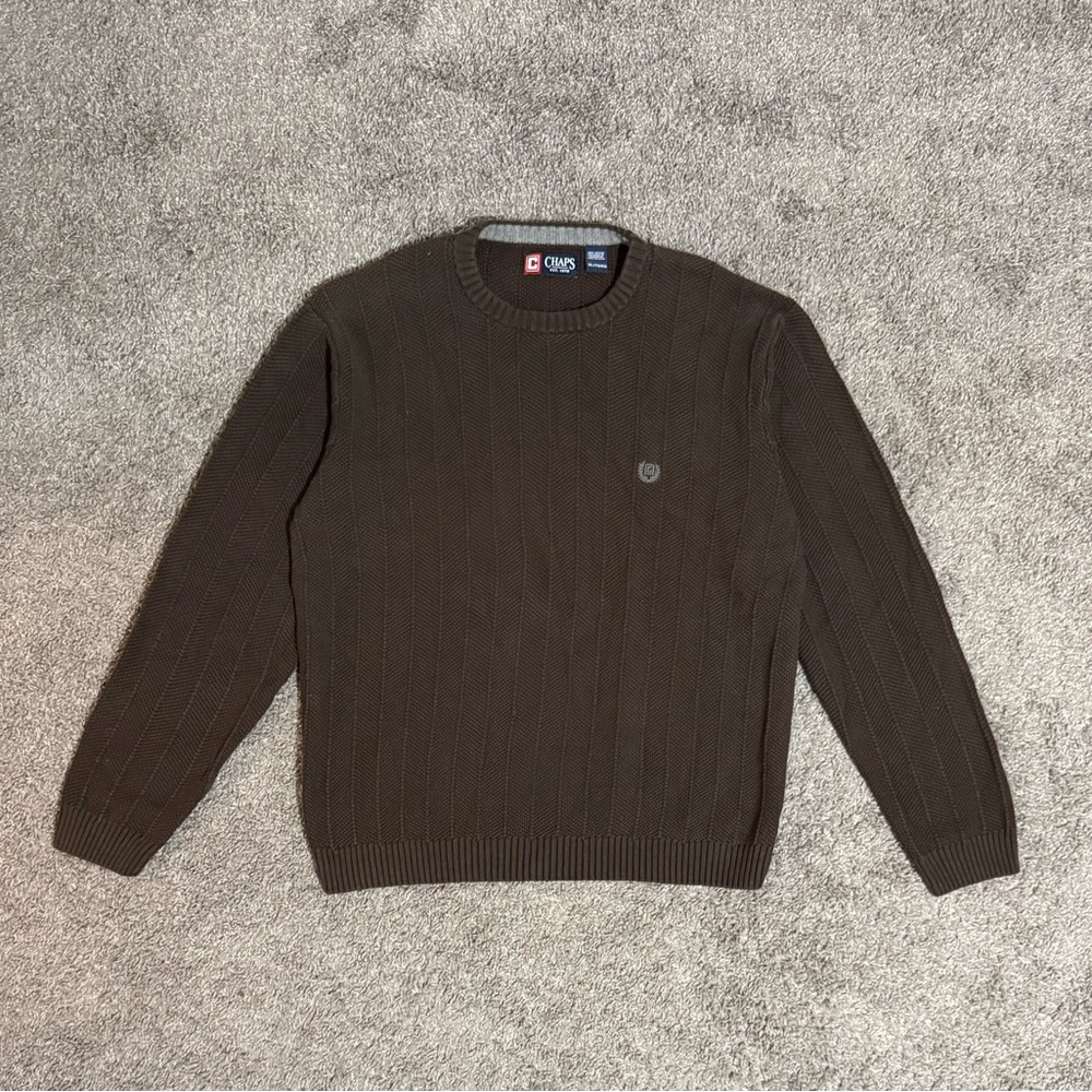 Chaps Mens Crewneck Sweater XL Brown Knit 100% Cotton Long Sleeve